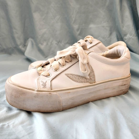 Y2K Playboy White Leather Platform Sneakers with Silver Bunny | Women's Size 10 - Picture 1 of 13